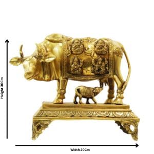 Brass Golden Kamdhenu Cow with Calf - Spiritual Vastu Nandi Puja Figurine Sculpture.