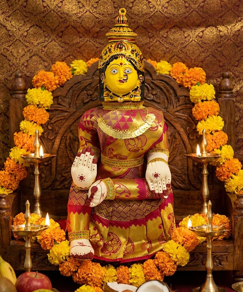 Varamahalakshmi Idol Gold and Pink Saree