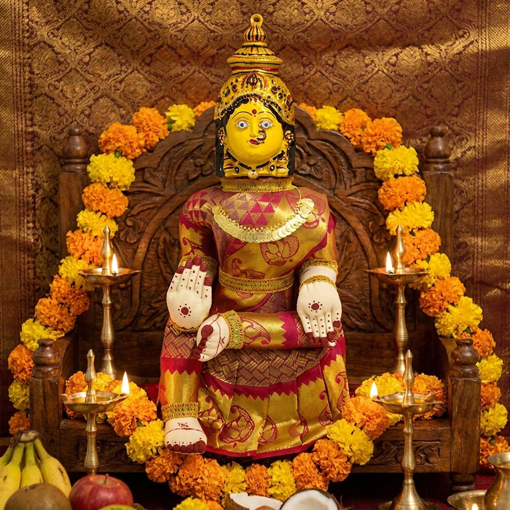 Varamahalakshmi Idol Gold and Pink Saree