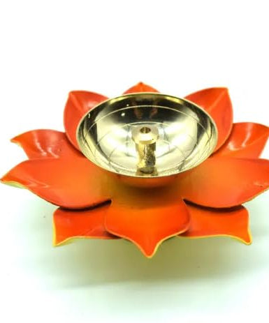 Brass Lotus Flower Diya Lamp In Orange