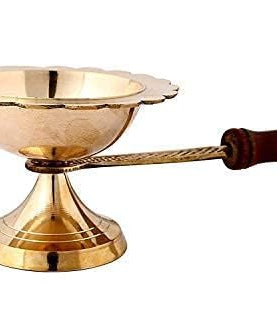Brass Aarti Lamp/Dhoop Stand with Wooden Handle (Golden)