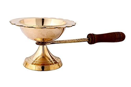 Brass Aarti Lamp/Dhoop Stand with Wooden Handle (Golden)