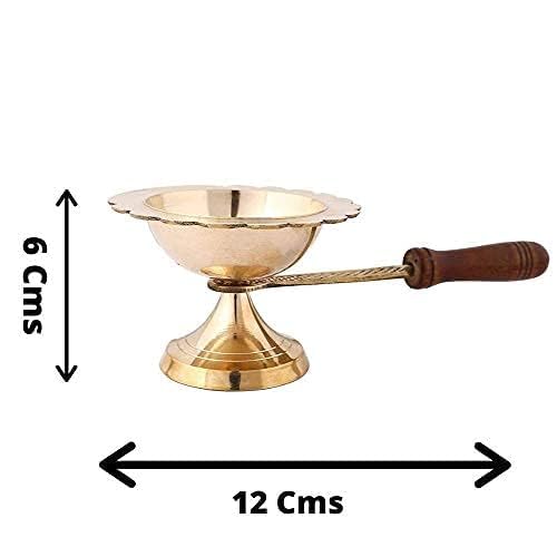 Brass Aarti Lamp/Dhoop Stand with Wooden Handle (Golden)