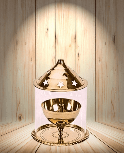 Gold Brass Akhand Diya with Glass Cover/ Diwali Oil Lamp
