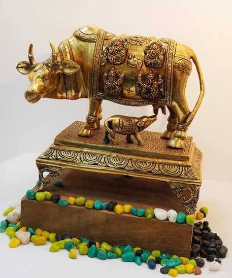 Brass Kamdhenu Cow and Calf with Astalakshmi Design Idol Statue - Home Decor/Office Decorative.
