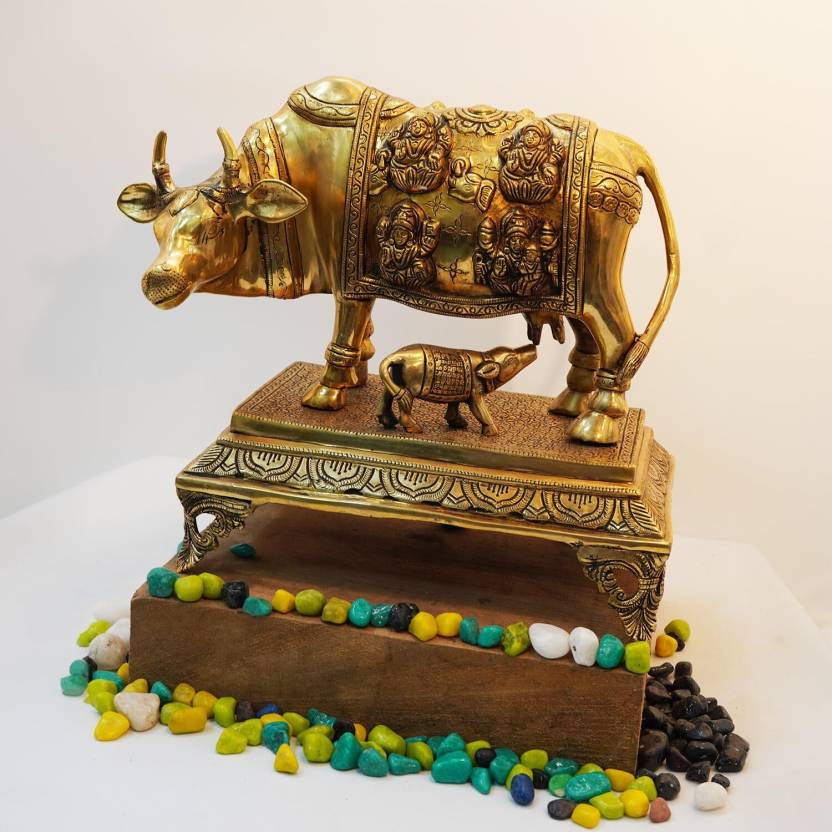 Brass Kamdhenu Cow and Calf with Astalakshmi Design Idol Statue - Home Decor/Office Decorative.