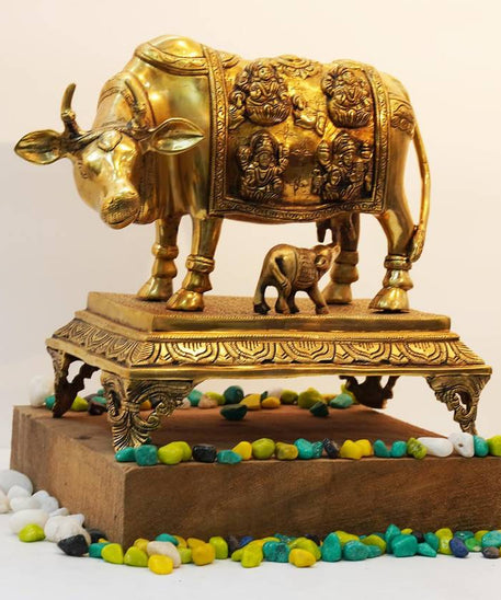 Brass Kamdhenu Cow and Calf with Astalakshmi Design Idol Statue - Home Decor/Office Decorative.