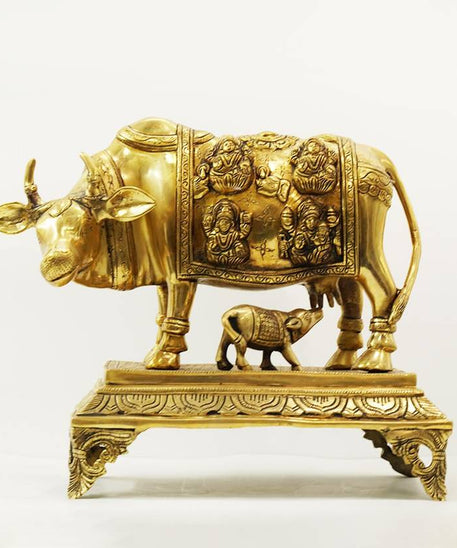 Brass Kamdhenu Cow and Calf with Astalakshmi Design Idol Statue - Home Decor/Office Decorative.