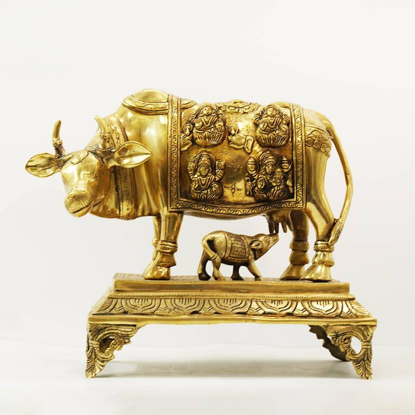 Brass Kamdhenu Cow and Calf with Astalakshmi Design Idol Statue - Home Decor/Office Decorative.