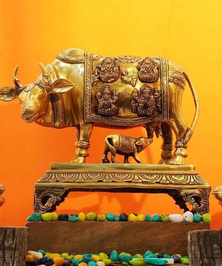 Brass Kamdhenu Cow and Calf with Astalakshmi Design Idol Statue Decorative Showpiece - 30 cm
