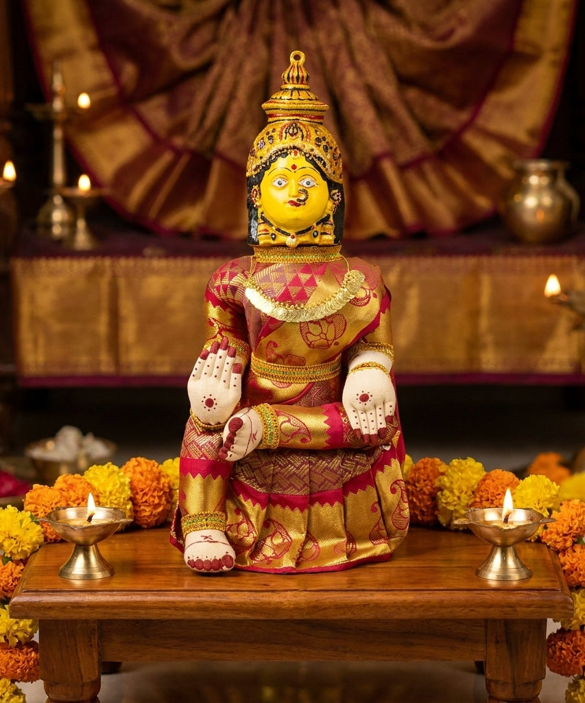 Varamahalakshmi Idol Gold and Pink Saree