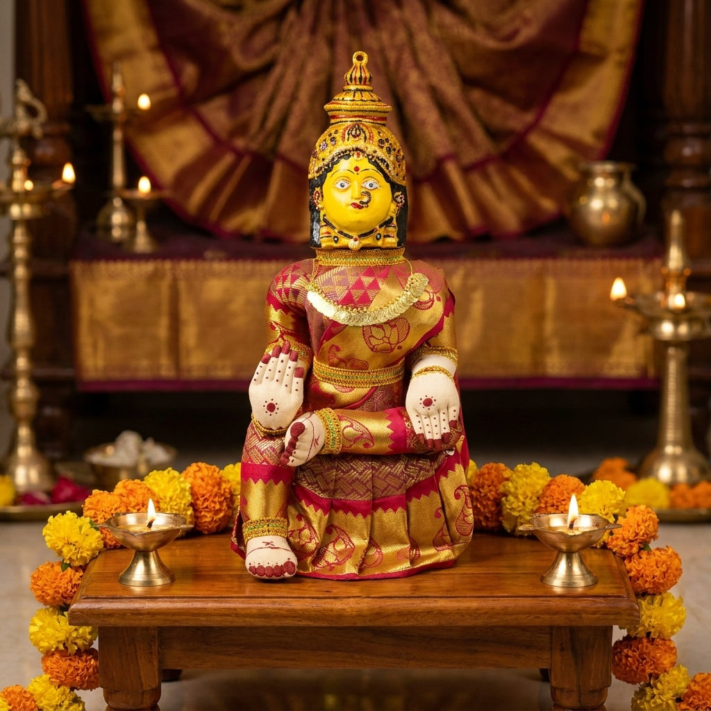 Varamahalakshmi Idol Gold and Pink Saree