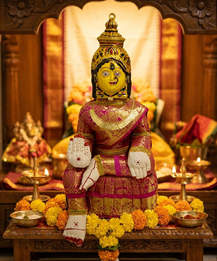Varamahalakshmi Idol Gold and Pink Saree