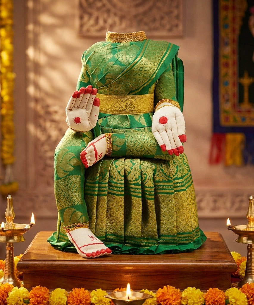 Varamahalakshmi Idol With Green And Gold Saree