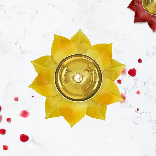 Brass Lotus Flower Diya Lamp In Yellow