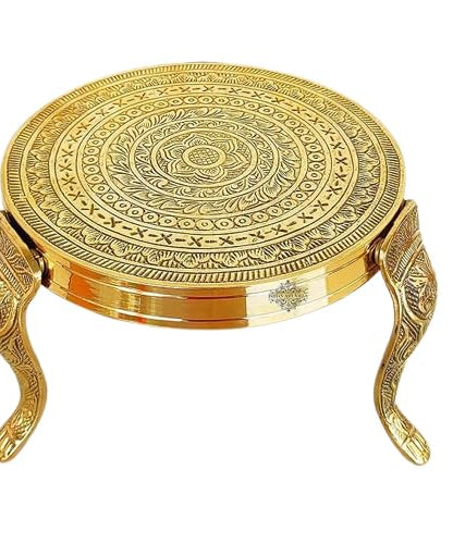Brass Decorative Round Pooja Stool,Brass Round Chowki with Design Mukkali (5 inch Height).Puja Temple Home, Gift Item Home Decor.