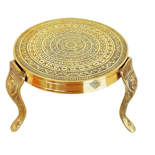 Brass Decorative Round Pooja Stool,Brass Round Chowki with Design Mukkali (5 inch Height).Puja Temple Home, Gift Item Home Decor.