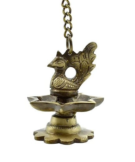 Peacock Brass Hanging Diya with Chain for Pooja
