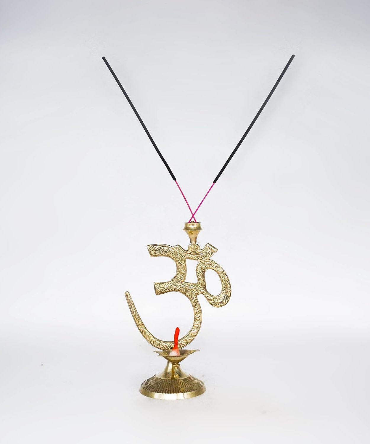 Om Symbol with Brass Diya Oil Lamp and Incense Holder,Table top Brass Diya with Agarbatti Stand. ( 17 Cm Height).