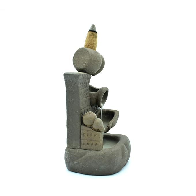 Ceramic Pot Design Waterfall Smoke Backflow Incense Burner Cone Incense Holder with 10 Backflow Incense Cones (Grey Color)