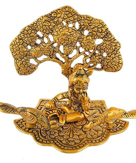Metal Krishna Antique Golden Sitting Under Tree