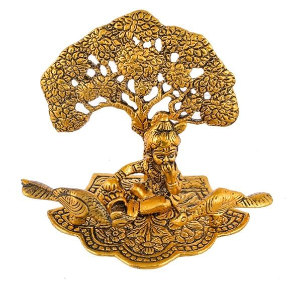 Metal Krishna Antique Golden Sitting Under Tree