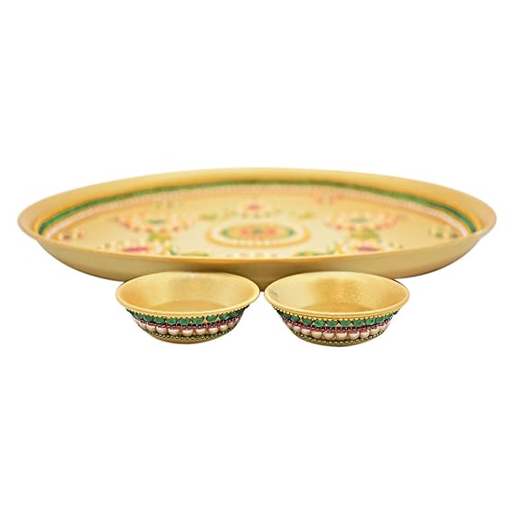 Beautiful Kundan Fancy Pooja Plate, Metal Colorful Pooja Thali Set.
