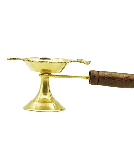 Brass Loban Burner Aarti Harathi Diya Stand with Wooden Handle for Pooja