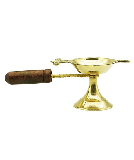 Brass Loban Burner Aarti Harathi Diya Stand with Wooden Handle for Pooja