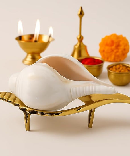Decorative Religious White Shankh with Brass Stand, 10 cm Non-Blowing Conch Shell with 11 cm Pure Brass Stand for Pooja & Home Decor