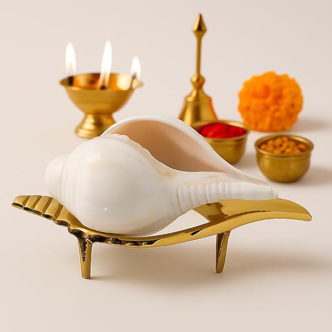 Decorative Religious White Shankh with Brass Stand, 10 cm Non-Blowing Conch Shell with 11 cm Pure Brass Stand for Pooja & Home Decor