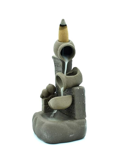 Ceramic Pot Design Waterfall Smoke Backflow Incense Burner Cone Incense Holder with 10 Backflow Incense Cones (Grey Color)