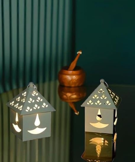 White Gloss Diya Shadow Lantern - Decorative Metal Lamp for Home Décor