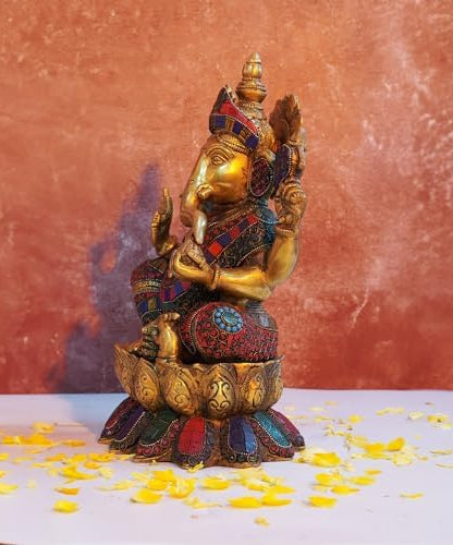 Lord Lakshmi Ganesh Brass Idol with Stone Work -Lord Lakshmi Ganesha Sitting On Lotus Flowers Idol Multicolour (13 Inch).