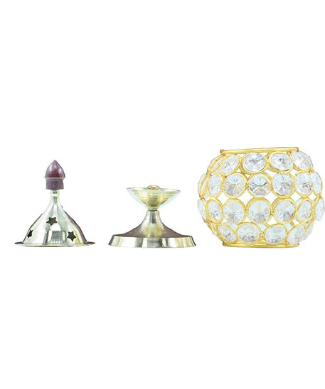 Akhand Diya Decorative Brass Oval Shaped Crystal Oil Lamp