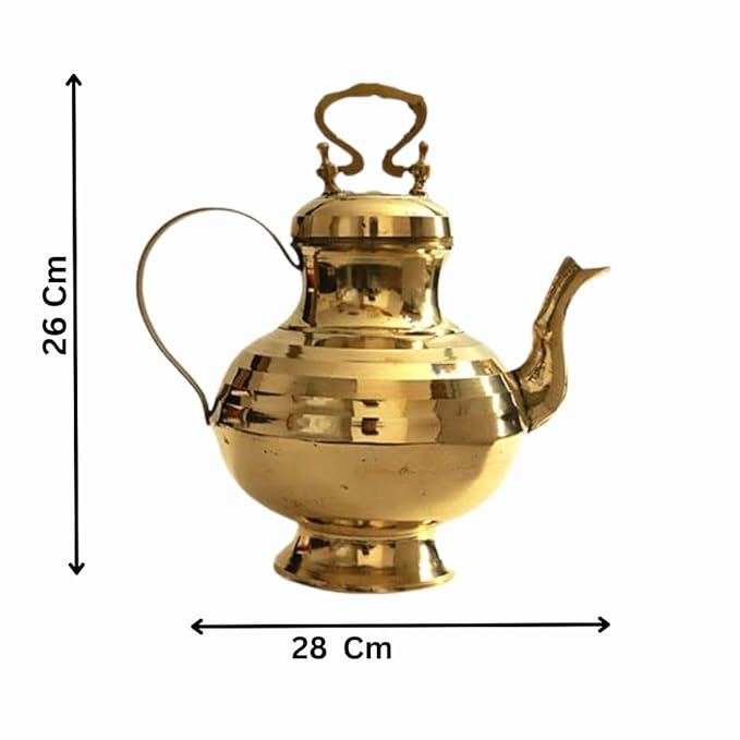 Brass Tea Kettle Pot Inside Tin Lining for Serving Tea Coffee, Tableware | Antique Brass Kettle | Tea Pot with Handle | Ideal Gift for Home Decor (Gold, Medium), (26cm x 16cm x 28cm)