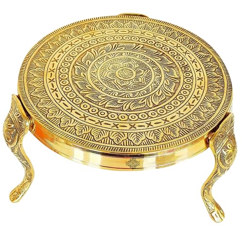 Brass Decorative Round Pooja Stool,Brass Round Chowki with Design Mukkali (5 inch Height).Puja Temple Home, Gift Item Home Decor.