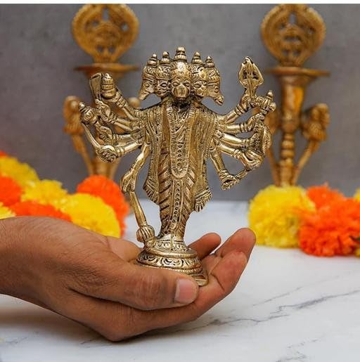 Metal Panchmukhi Hanuman Idol Murti for Home Office and Car Dashboard (Gold, Small)