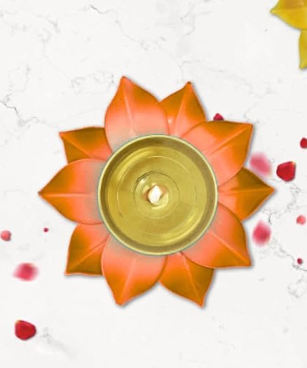 Brass Lotus Flower Diya Lamp In Orange