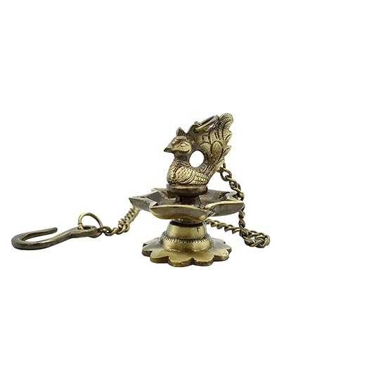 Peacock Brass Hanging Diya with Chain for Pooja