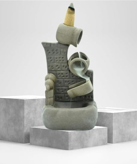 Ceramic Pot Design Waterfall Smoke Backflow Incense Burner Cone Incense Holder with 10 Backflow Incense Cones (Grey Color)