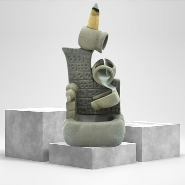 Ceramic Pot Design Waterfall Smoke Backflow Incense Burner Cone Incense Holder with 10 Backflow Incense Cones (Grey Color)