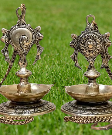 Shankh Chakra Diya ,Wall Hanging Oil Lamp Diya Deepam Deepak Kuthu Vilakku ( with Chain 23 inches )