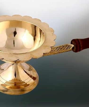 Brass Aarti Lamp/Dhoop Stand with Wooden Handle (Golden)