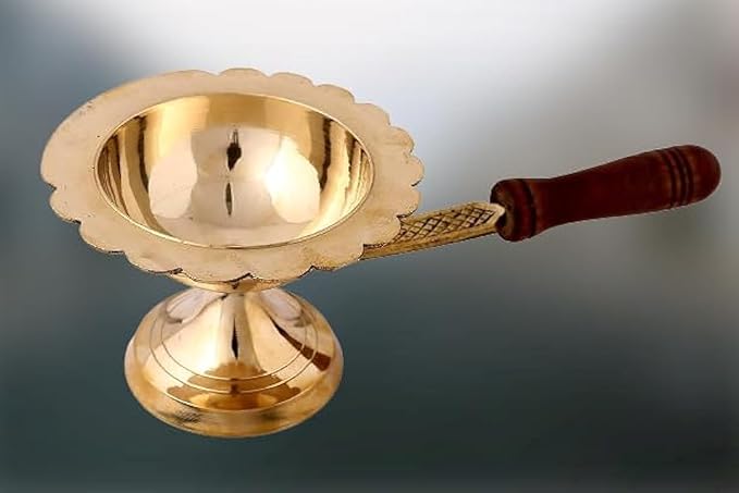 Brass Aarti Lamp/Dhoop Stand with Wooden Handle (Golden)