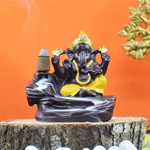 Decorative Ganesha Smoke Fountain Backflow Cone Incense Holder with Free 10 Back Flow Incense Cones (10.5 Cm X 8.2 Cm X 10.5 Cm). (Yellow)