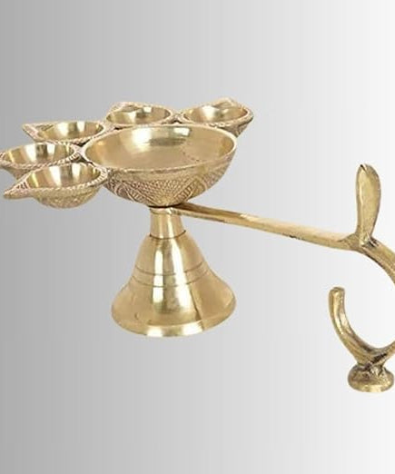 Brass Pancha Aarthi Diya Stand / Camphor Aarti Diya for Pooja