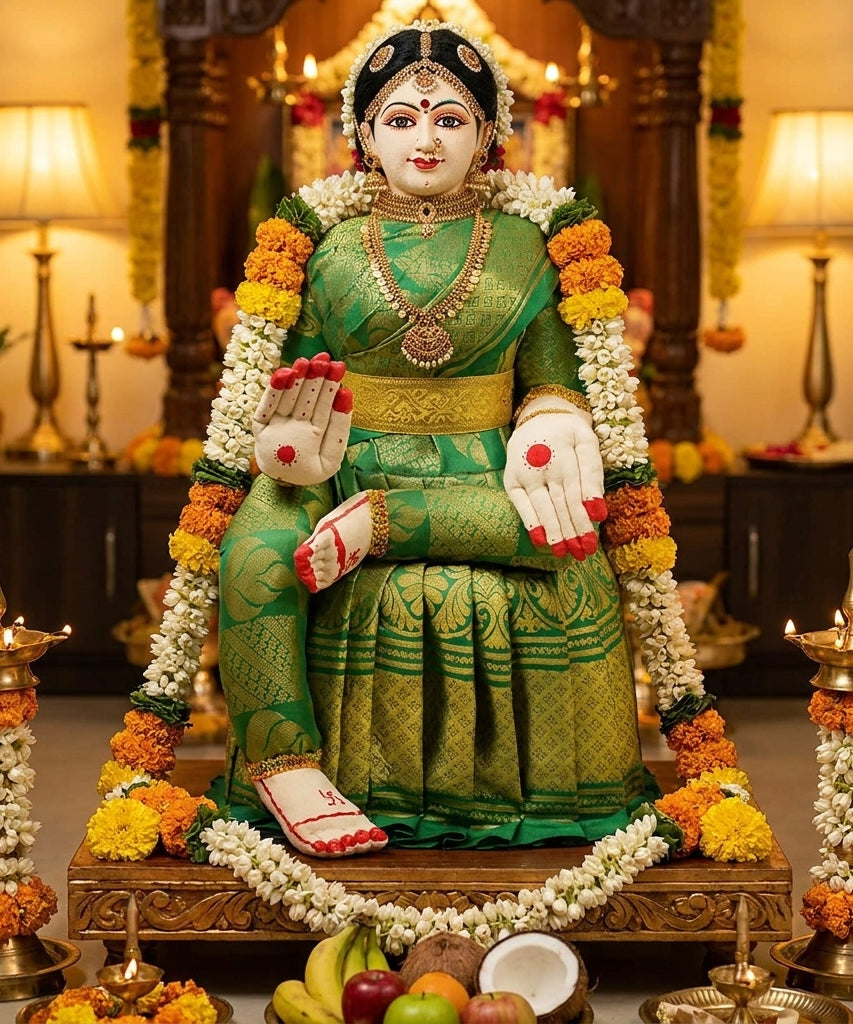 Varamahalakshmi Idol With Green And Gold Saree