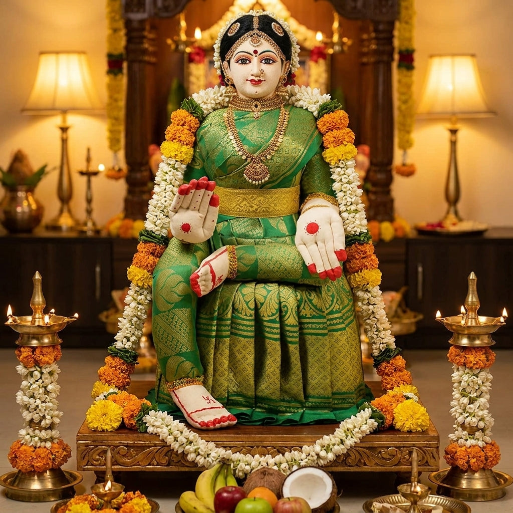 Varamahalakshmi Idol With Green And Gold Saree