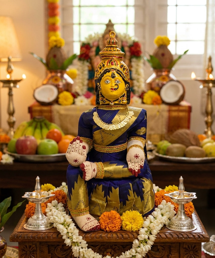 Varamahalakshmi Idol Gold and Blue Saree